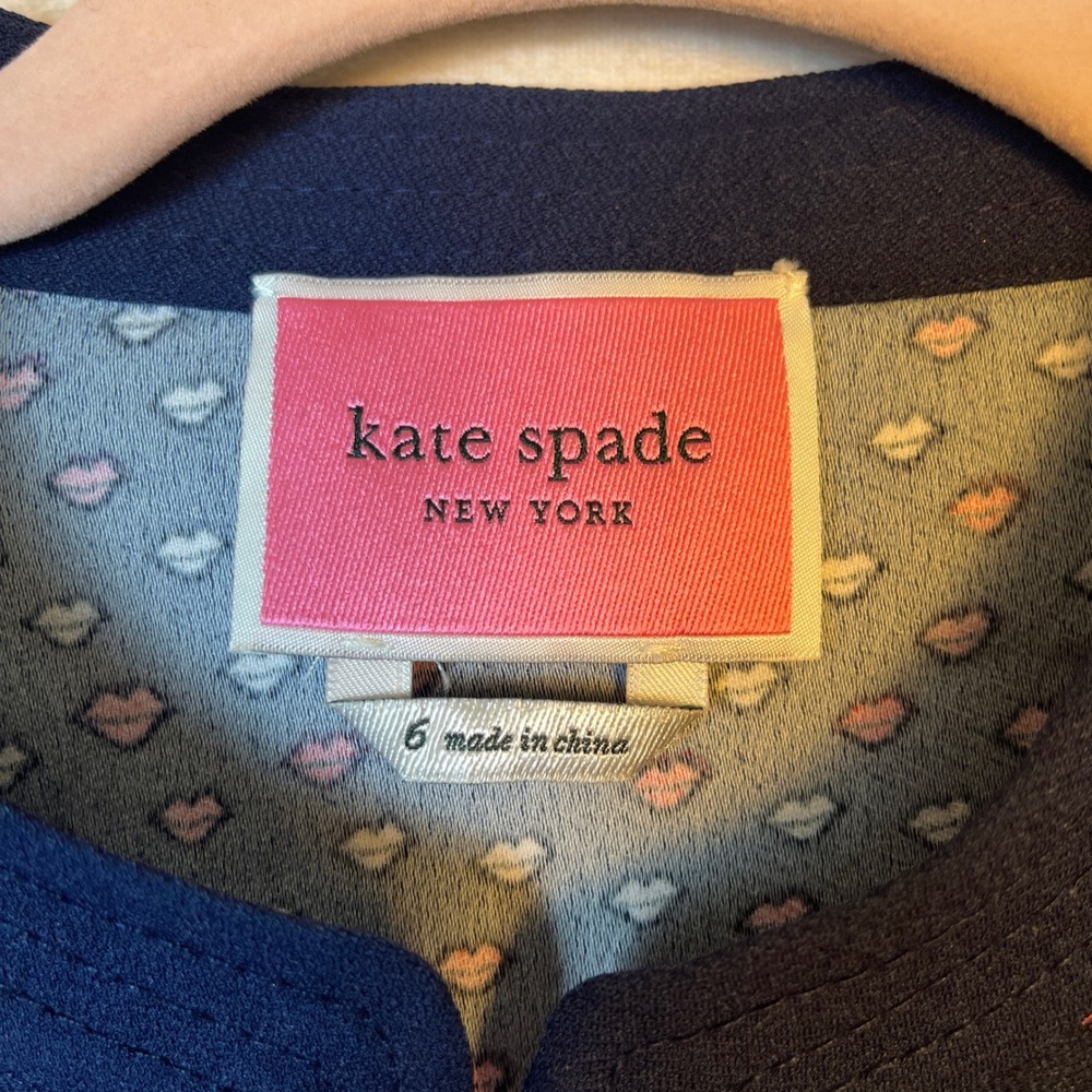 Kate Spade New York Navy Lip Lips Crepe Print Button Front Long Sleeve Dress 6 - Picture 6 of 8